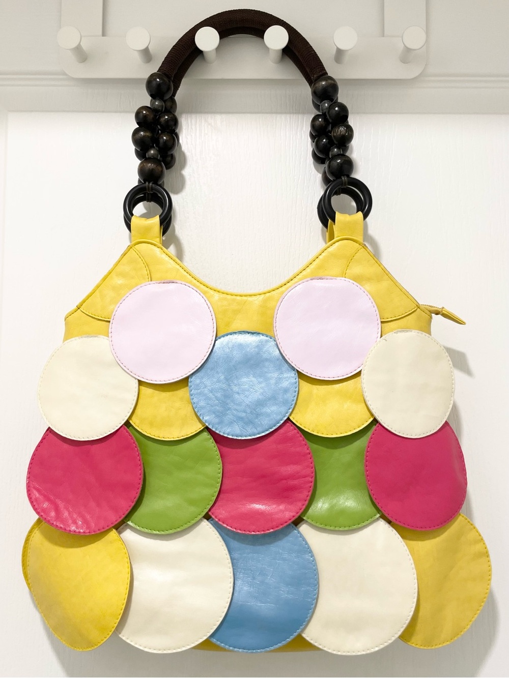 Fun Shoulder Bag with Colourful Circles Chunky Handles with Wooden Rings & Beads